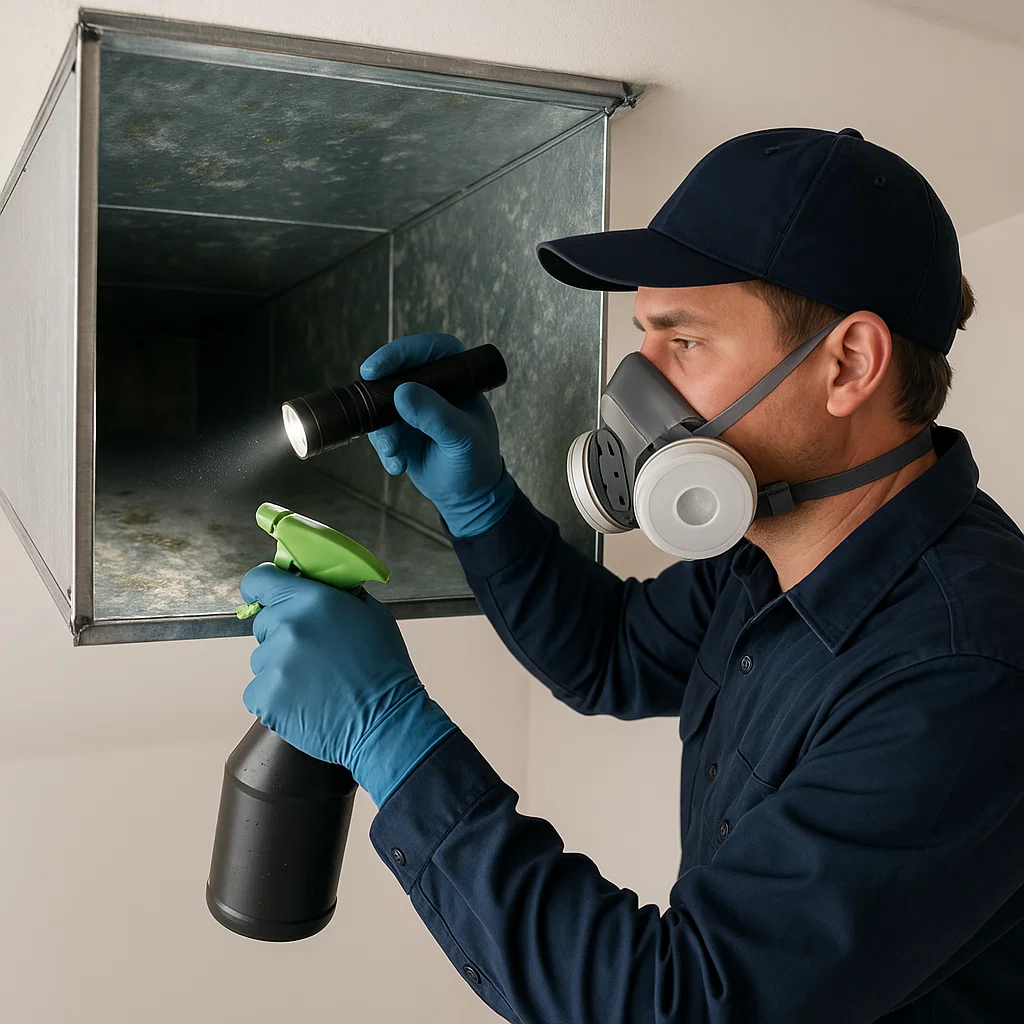 Seabrook TX air duct cleaning technician removing moisture and sanitizing HVAC ducts