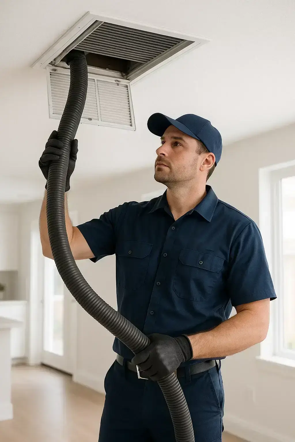 Seabrook TX Air Ducts Cleaning technician performing HVAC duct cleaning service