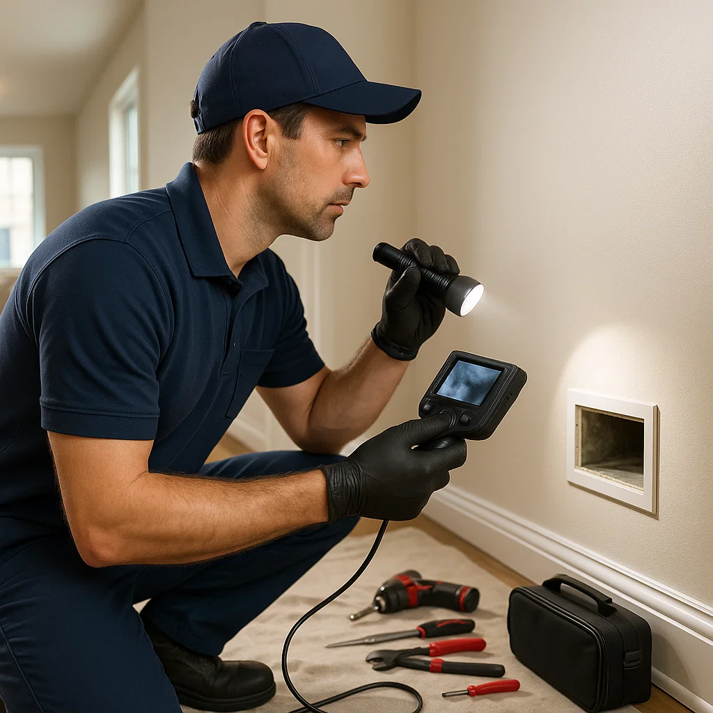 Seabrook TX air duct cleaning technician performing final inspection after duct service